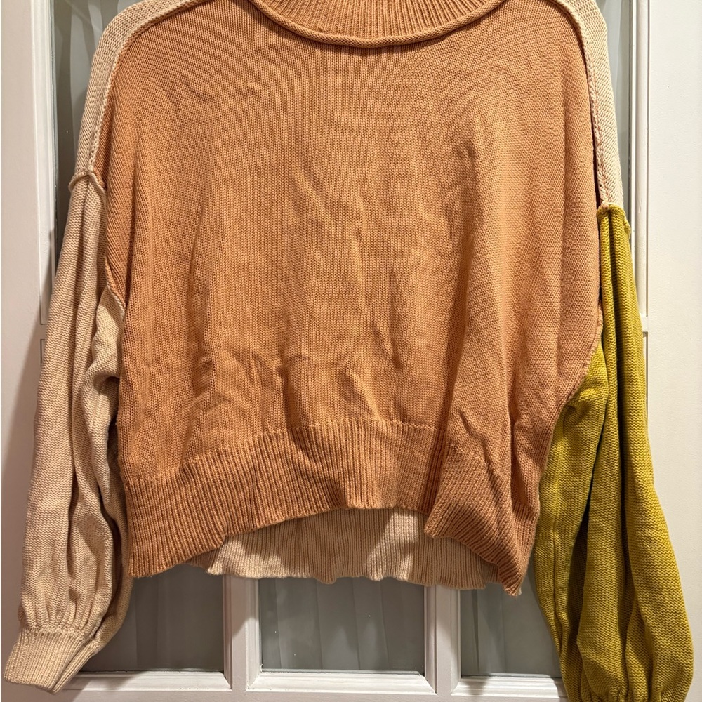Cream and Tan Turtleneck Sweater with Ribbed Collar